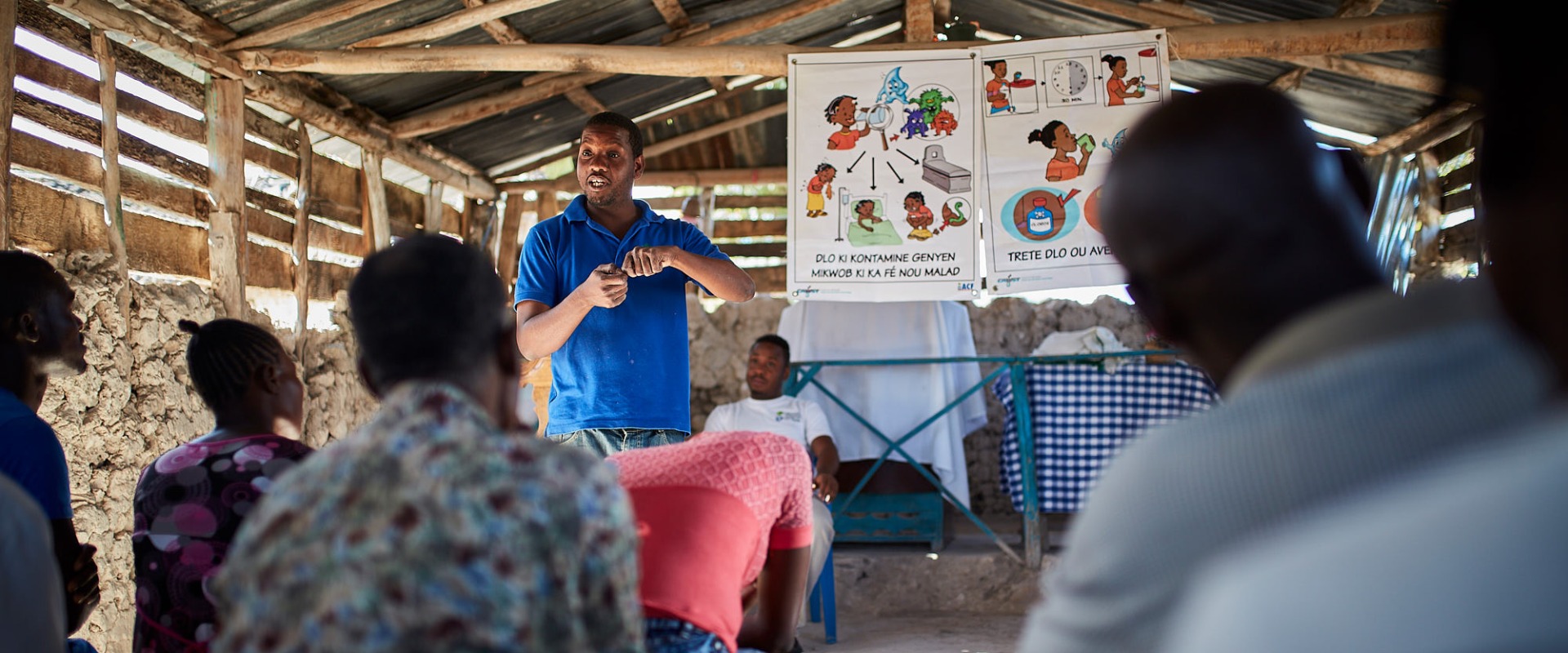 A community session on hygiene in Haiti.