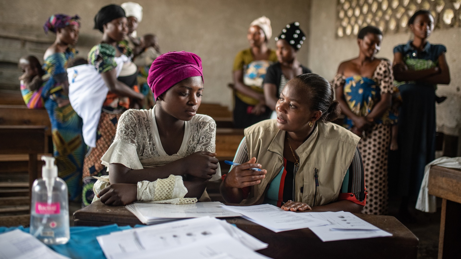 A psycho-social worker meets with women in Kichanga, DRC