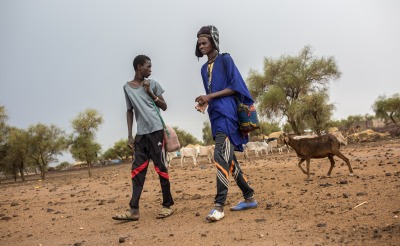 Two herders walk across a dry landscape with their livestock