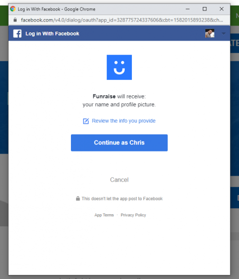 Screenshot showing step 2 of the facebook fundraiser signup